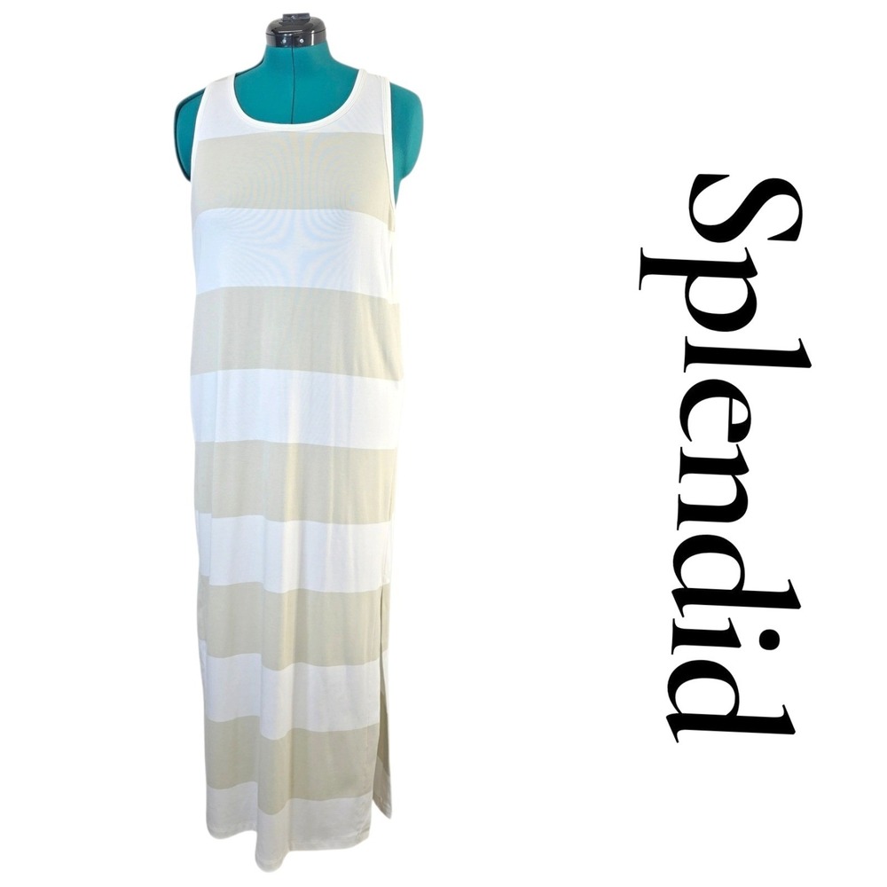 Splendid Striped Maxi Dress Halter Tank Style Beige‎ White Large Vacation